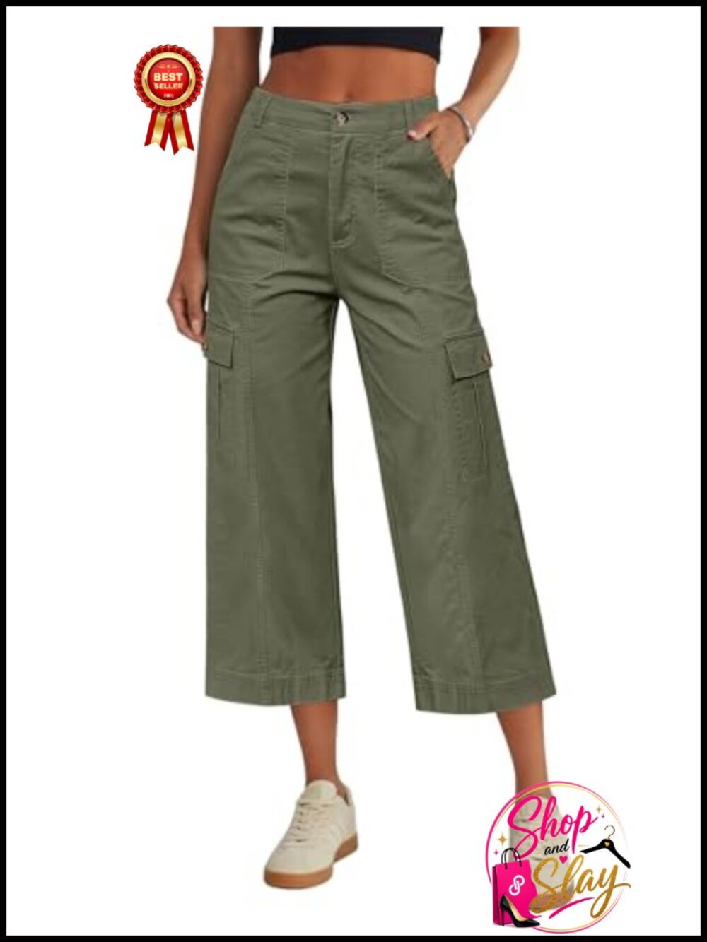 Cargo Capri Pants High Waisted 6 Pocket Stretch Wide Leg Cropped